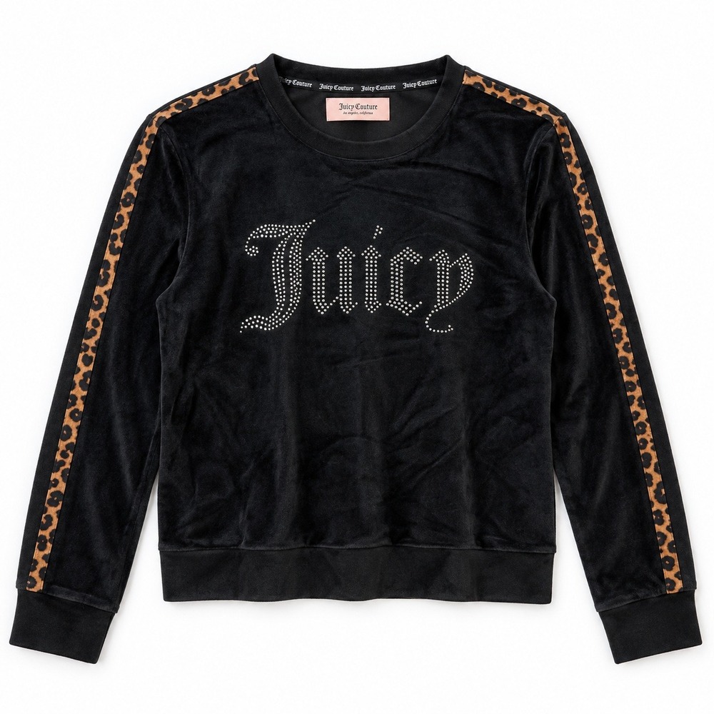 Juicy Couture Black Velour Velvet Rhinestone Sweatshirt Leopard Y2k M